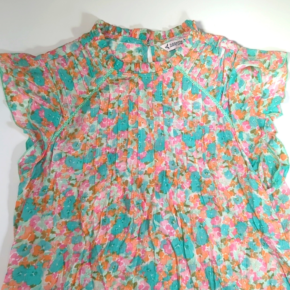 Nanette Lepore Multicolored Floral Print Mock Neck Ruffled Sleeveless Top- L